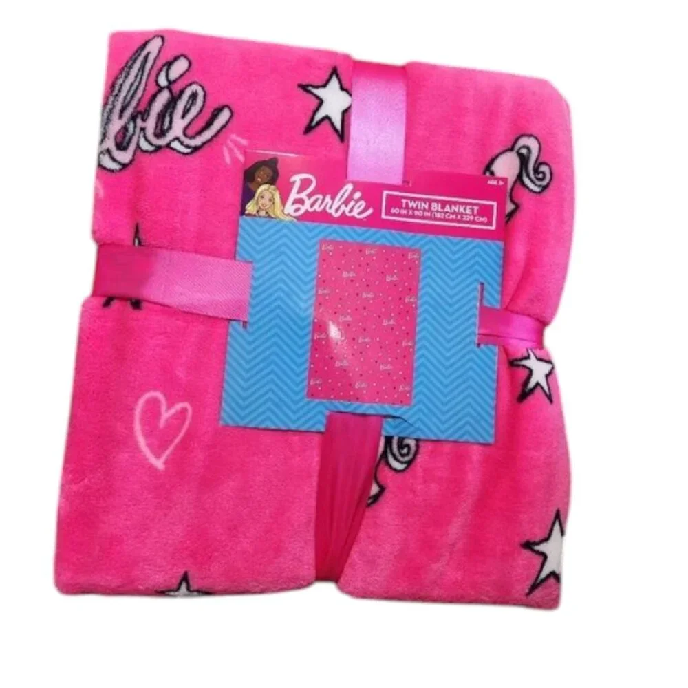 Barbie Hot Pink Plush Blanket with Hearts and Stars